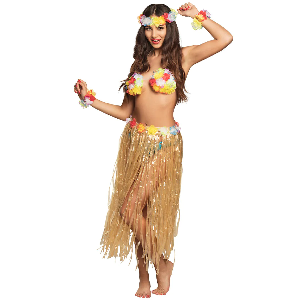 Hawaiisett: Pils, Höfuðkrans, Armbönd og Bikinitoppur