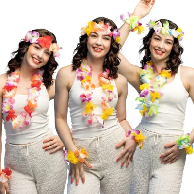Hawaiisett: 2 Armbönd, Háls- og höfuðkrans, Val um 3 liti